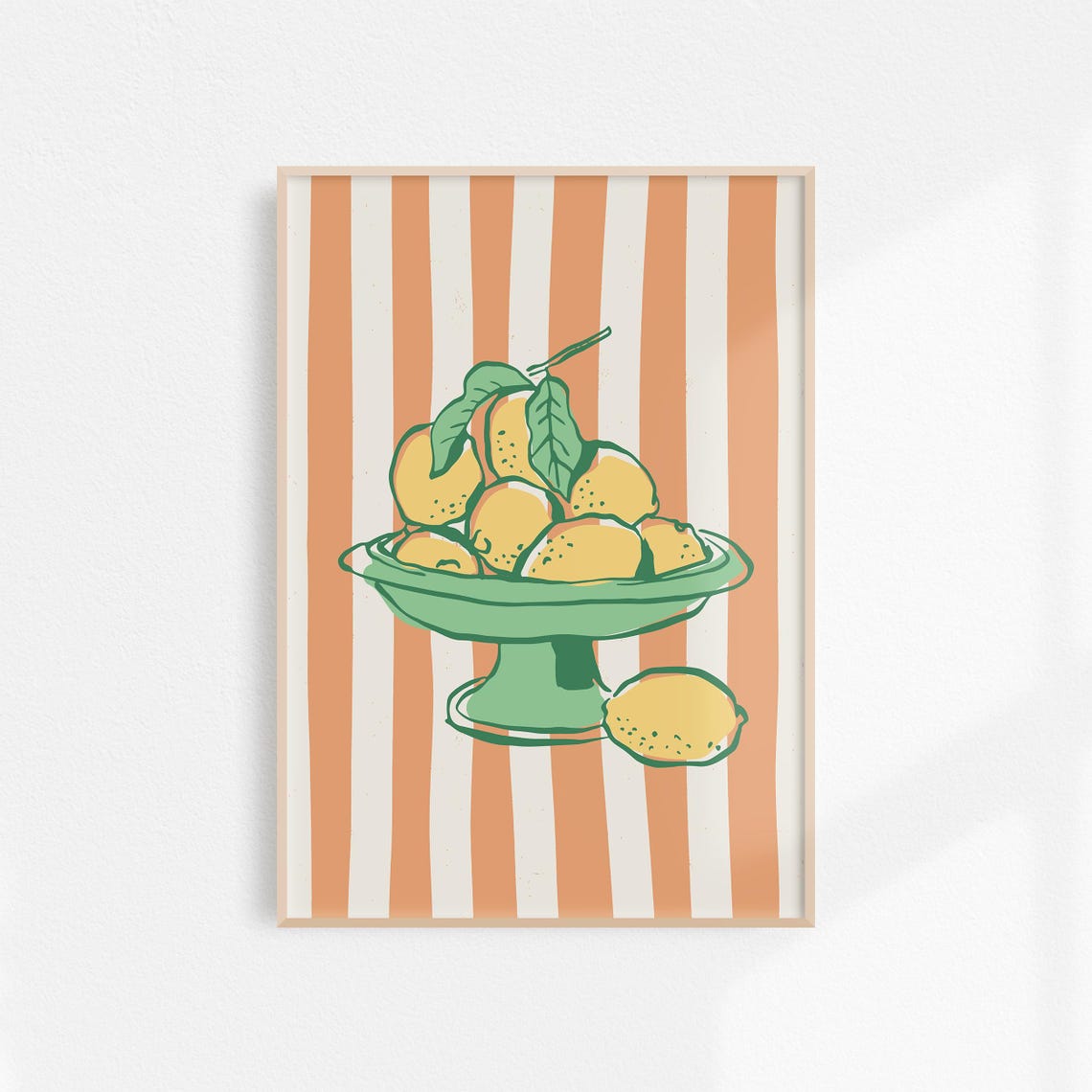 Sunny Retro Lemons in Green Bowl on Orange Stripes Kitchen Poster