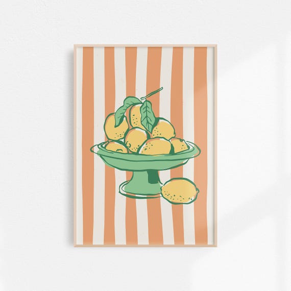 Retro Lemons Poster Stripes Lemons Art Modern Wall Art Kitchen Wall Decor Cute Lemon Print Orange And Green Fruit Art Print