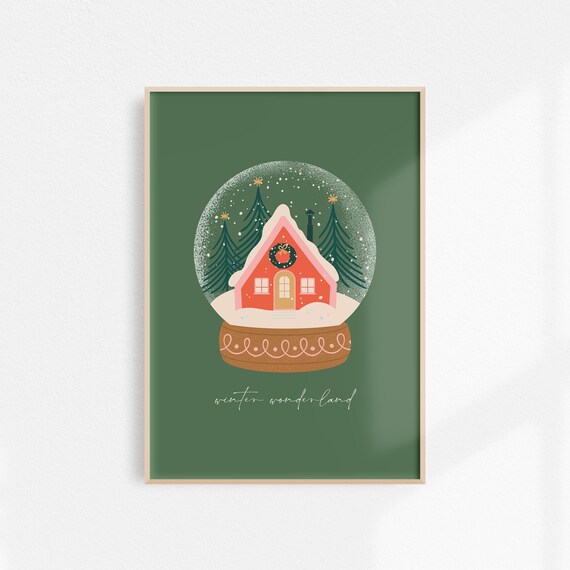 Winter Wonderland Christmas Snow Globe Print Green Holiday Decor Trendy Christmas Wall Art Cute Winter Retro Christmas Decor