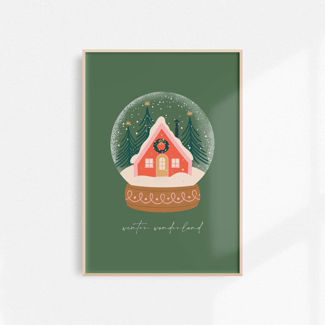 Winter Wonderland Snow Globe Red Cabin Green Christmas Poster