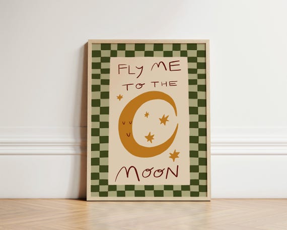 Fly Me to the Moon Crescent Stars Checkerboard Nursery Poster