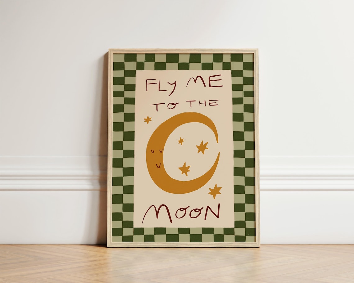 Fly Me to the Moon Crescent Stars Checkerboard Nursery Poster