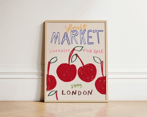 Cherries Fruit Market Print Wall Art Retro Kitchen Home Decor Ideas Dining Room Unframed