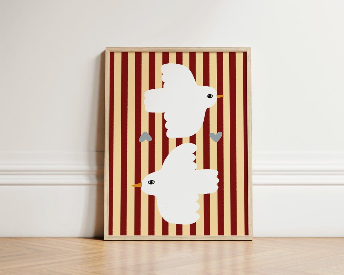 Sweet White Doves Red Stripes Hearts Nursery Kids Room Poster