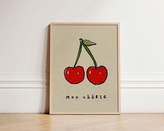 Mon Cherie Red Cherries Retro French Kitchen Decor Poster Kitchen