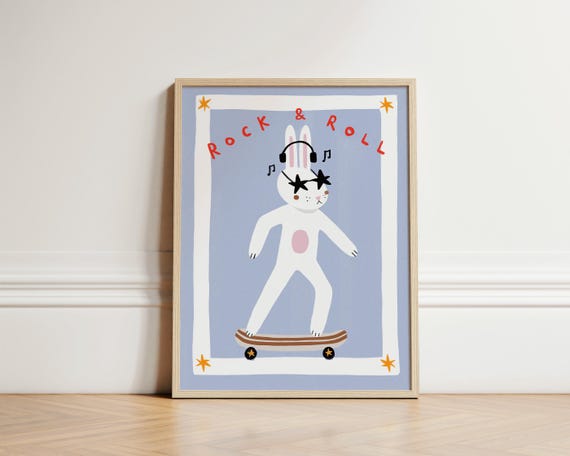 Skateboard Bunny Print Nursery Bedroom Art Eclectic Animal Illustration Decor Wall Boho Kids Room Unframed