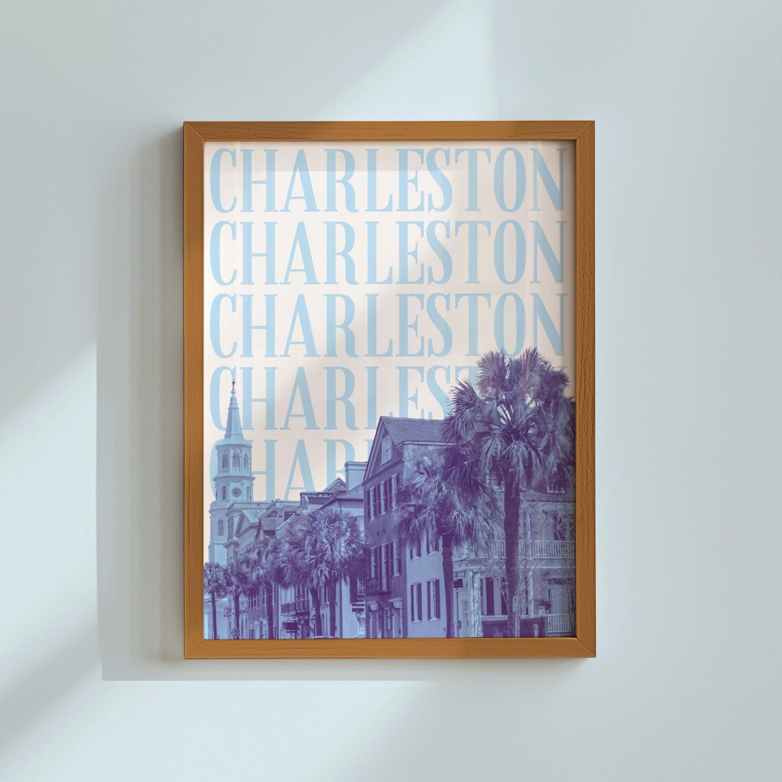 Blue Duotone Charleston South Carolina Skyline Typography Poster