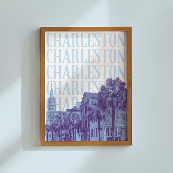 Blue Duotone Charleston South Carolina Skyline Typography Poster