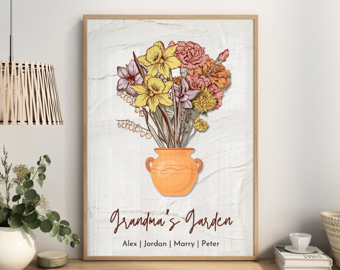 Custom Grandmas Garden Bouquet Birth Month Flower Art Birth Flower Family Bouquet Birth Month Flower Art Birth Month Flower Print Decor