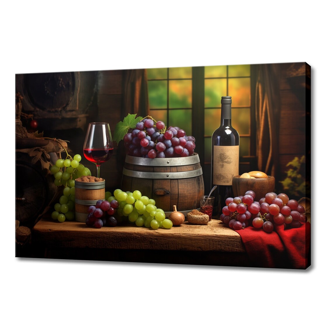 Vintage Red Wine Bottle Grapes Oak Barrel Still Life Art Poster