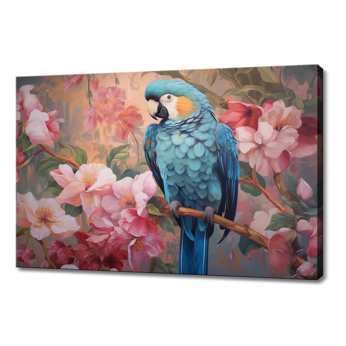 Blue Macaw Parrot On Flowering Branch Vibrant Tropical Bird Art Poster