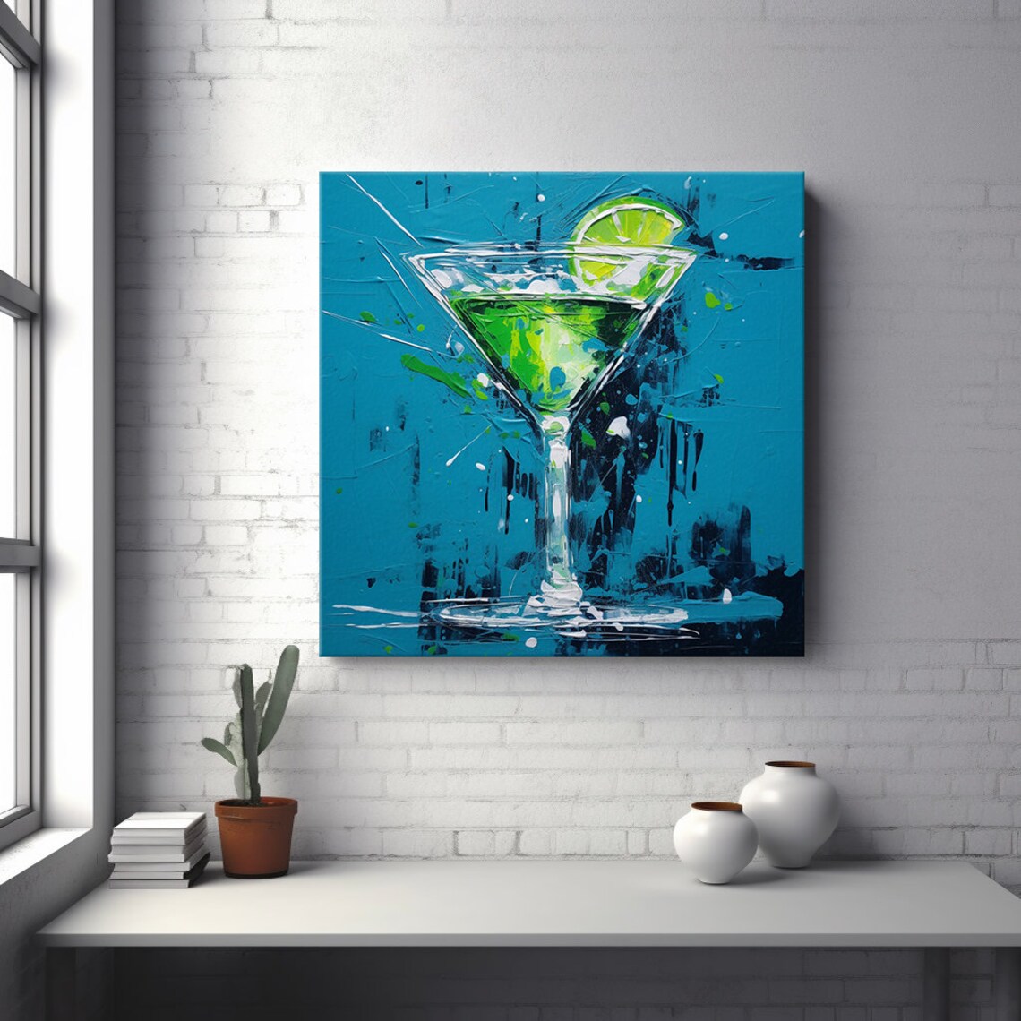 Green Margarita Cocktail Glass Abstract Impasto Teal Blue Bar Kitchen Wall Art - Image 4