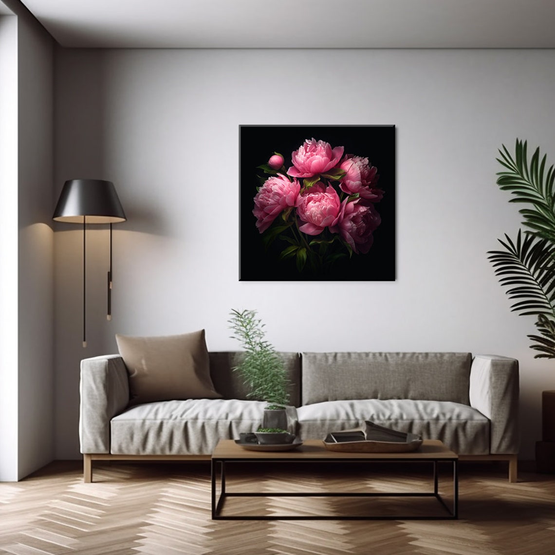 Dark Pink Peony Bouquet On Black Botanical Floral Wall Poster - Image 3