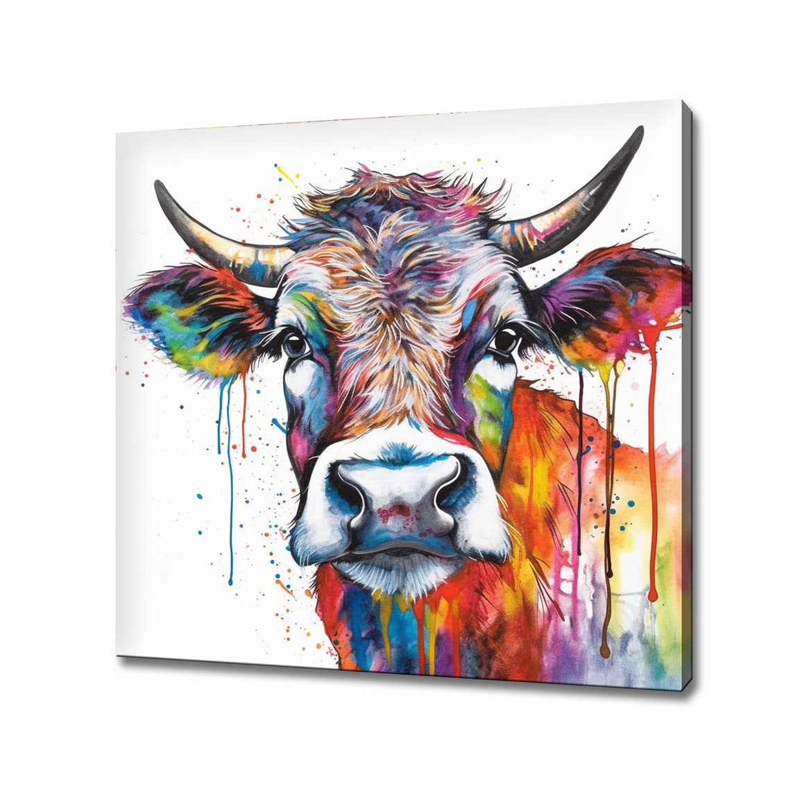 Colourful Rainbow Cow Portrait Paint Drip Farm Animal Wall Art Poster