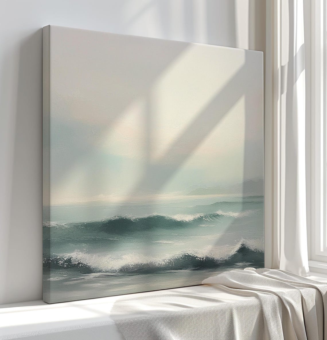 Misty Ocean Waves Seascape Soft Neutral Coastal Painting Wall Art - Image 2