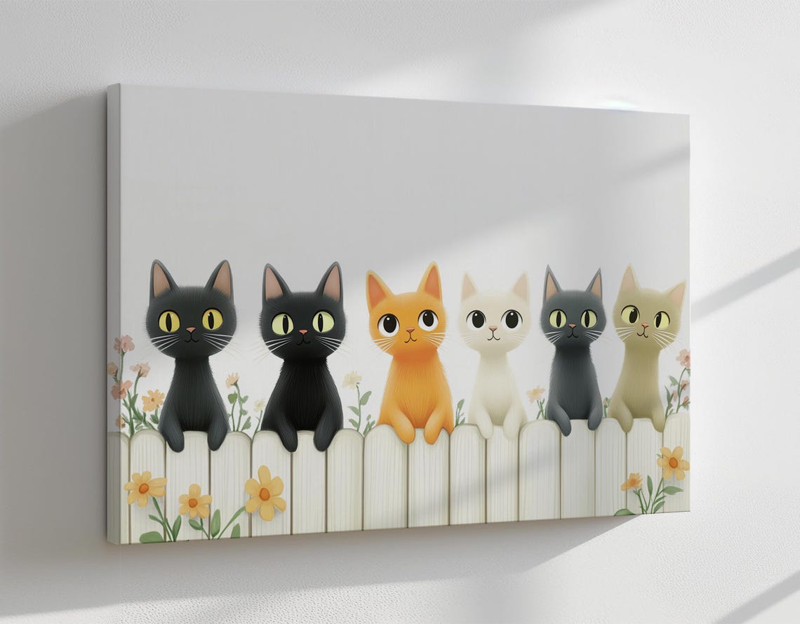 Six Cute Cartoon Cats Sitting On White Picket Fence Nursery Poster - Image 4
