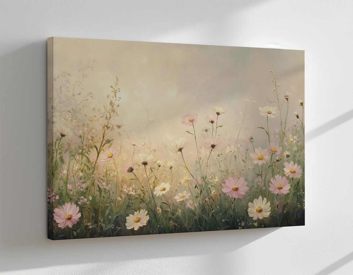 Pastel Pink White Daisy Flowers Meadow Field Vintage Painting Print Countryside Print Living Room Wall Art Farmhouse Decor Art - Image 4