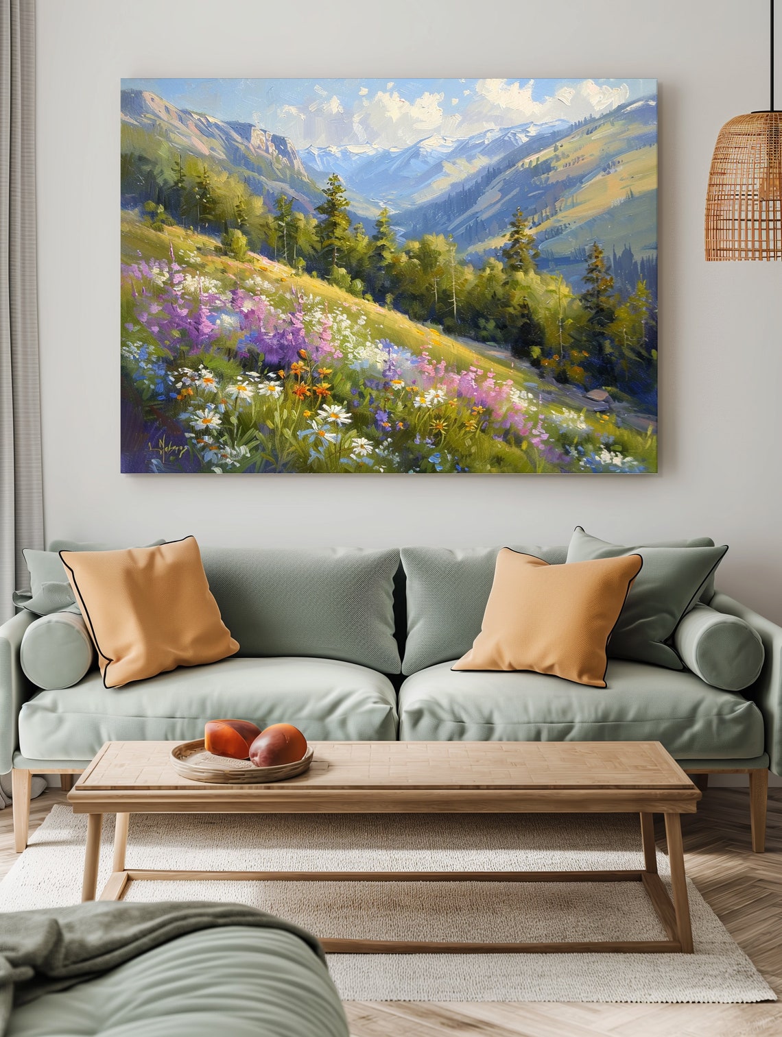 Mountain Valley Wildflower Meadow Snow Peaks Impressionist Poster - Image 2