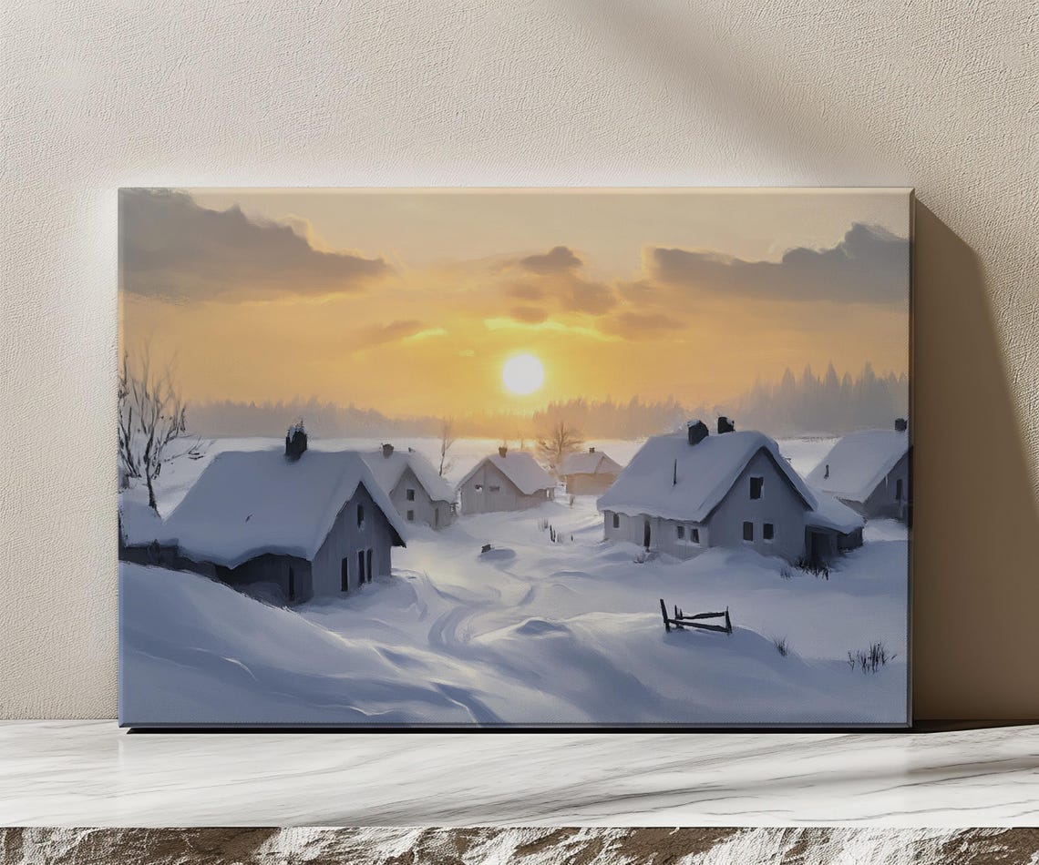 White Snowy Winter Village Houses Vintage Painting Print Countryside Muted Print Neutral Living Room Wall Art Farmhouse Decor Art