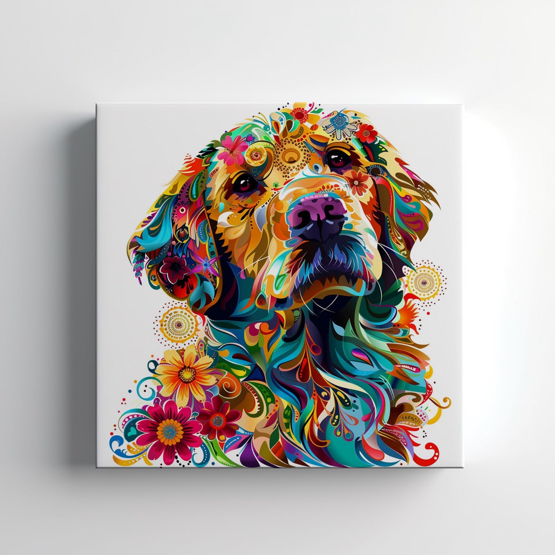 Golden Retriever Floral Art Colourful Flower Dog Wall Poster