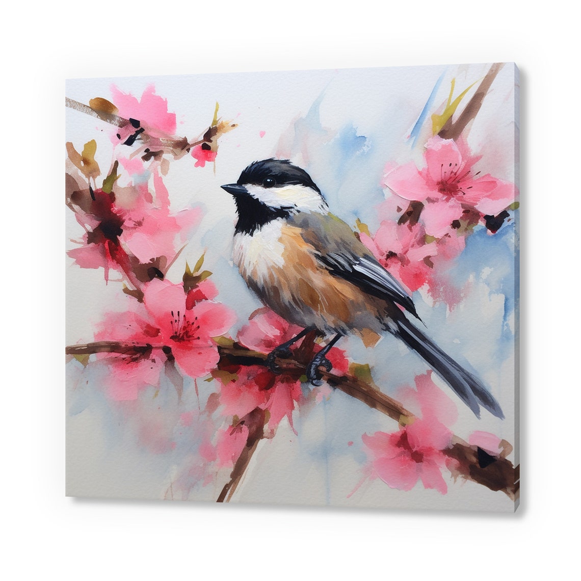 Chickadee Among Pink Cherry Blossoms Soft Watercolor Bird Art Poster