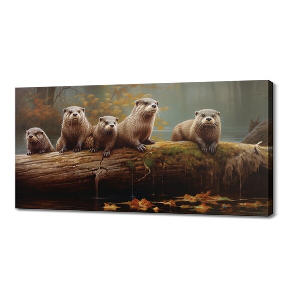 Otter Family Log Autumn Forest Five Babies Cute River Wildlife Art Poster