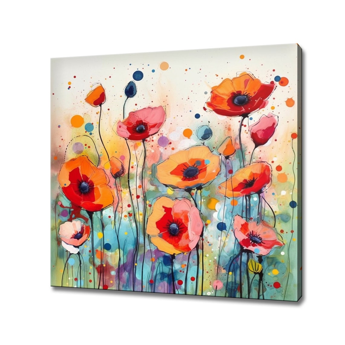 Whimsical Red Orange Poppies Splatter White Background Floral Poster