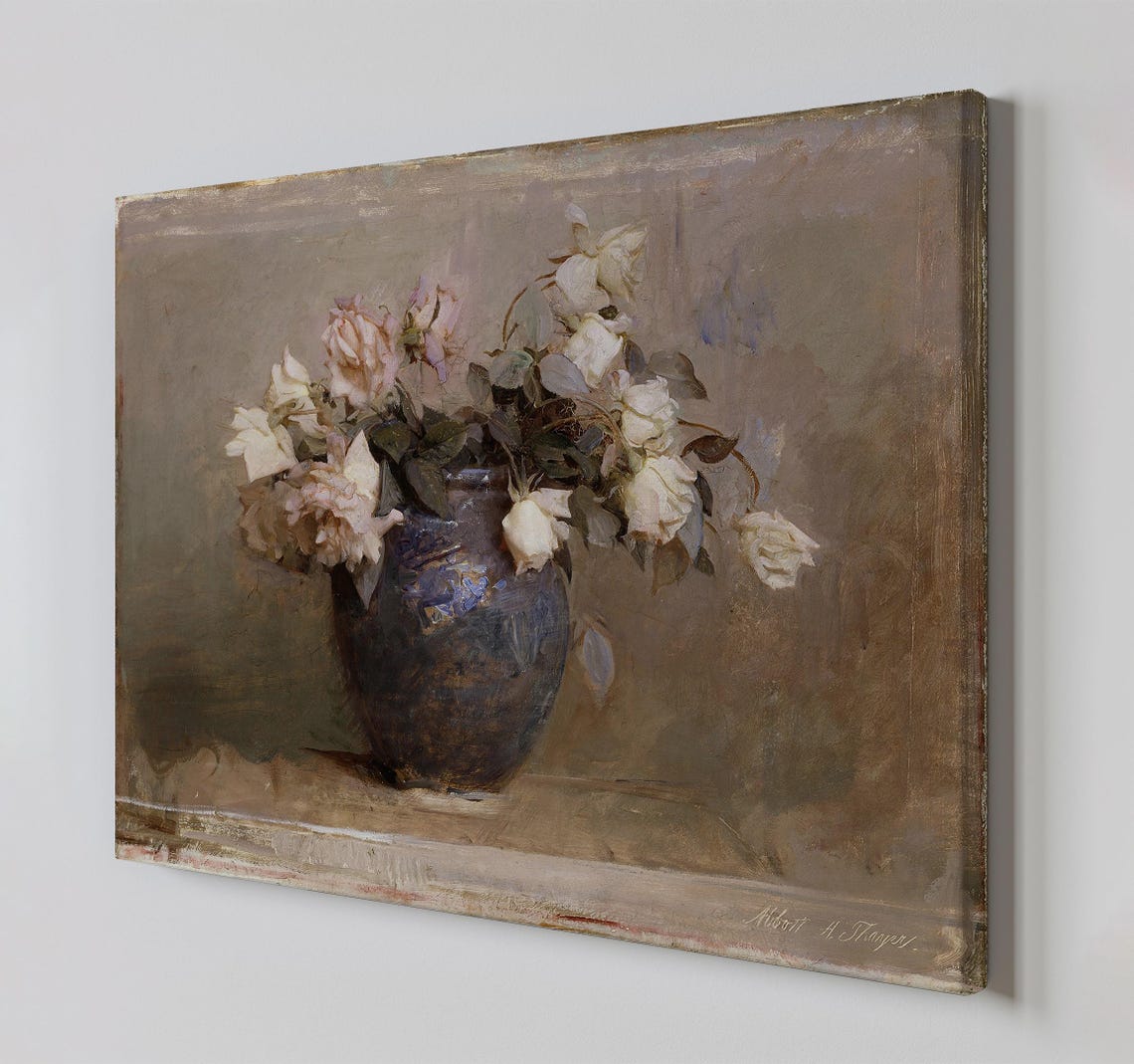 White Roses Blue Porcelain Vase Soft Impressionist Floral Wall Art