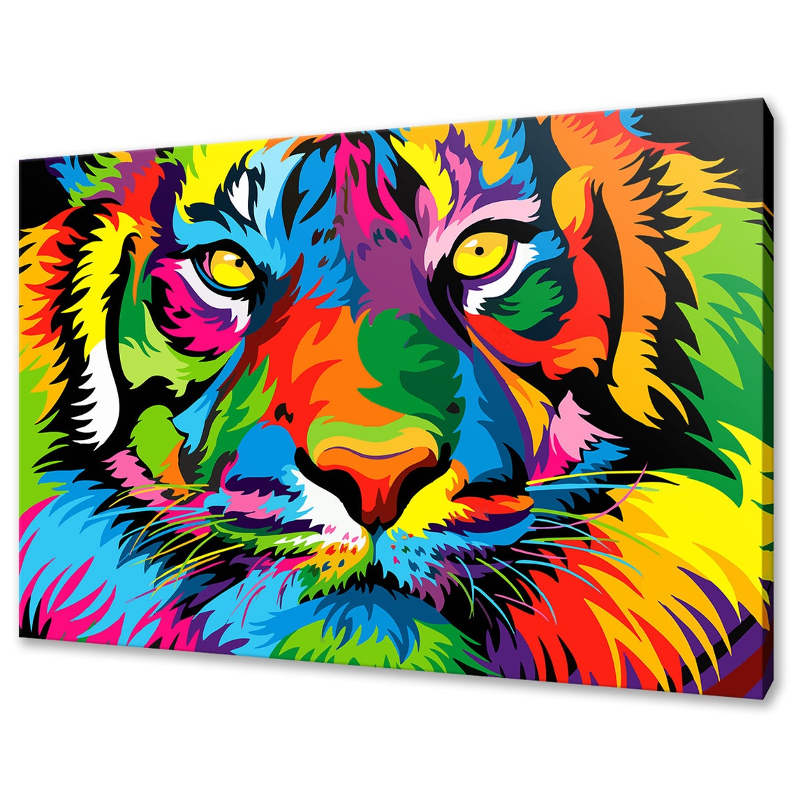 Pop Art Rainbow Tiger Face Close Up Piercing Yellow Eyes Canvas Poster