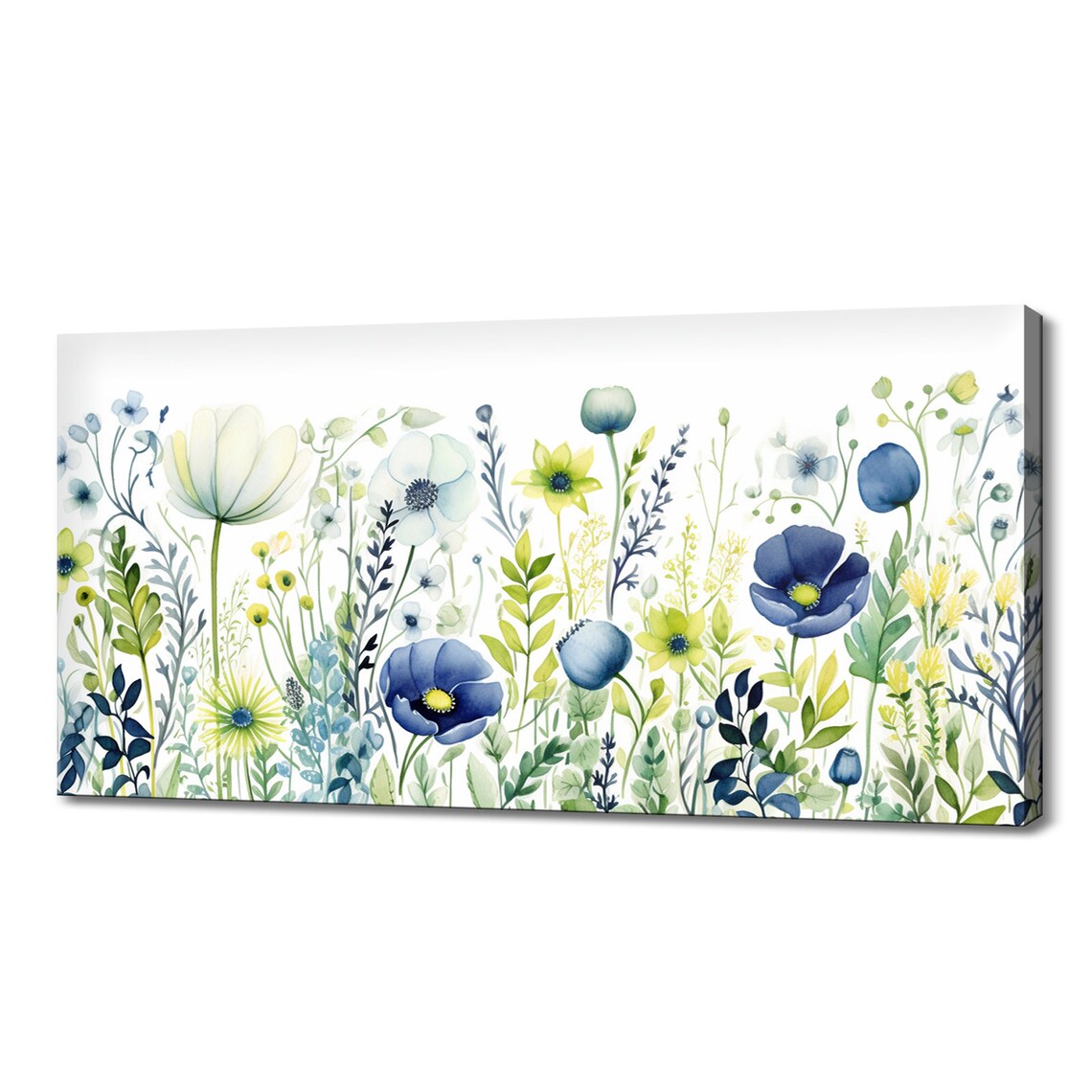 Blue Green Spring Wildflowers Field Watercolor Floral Art Poster