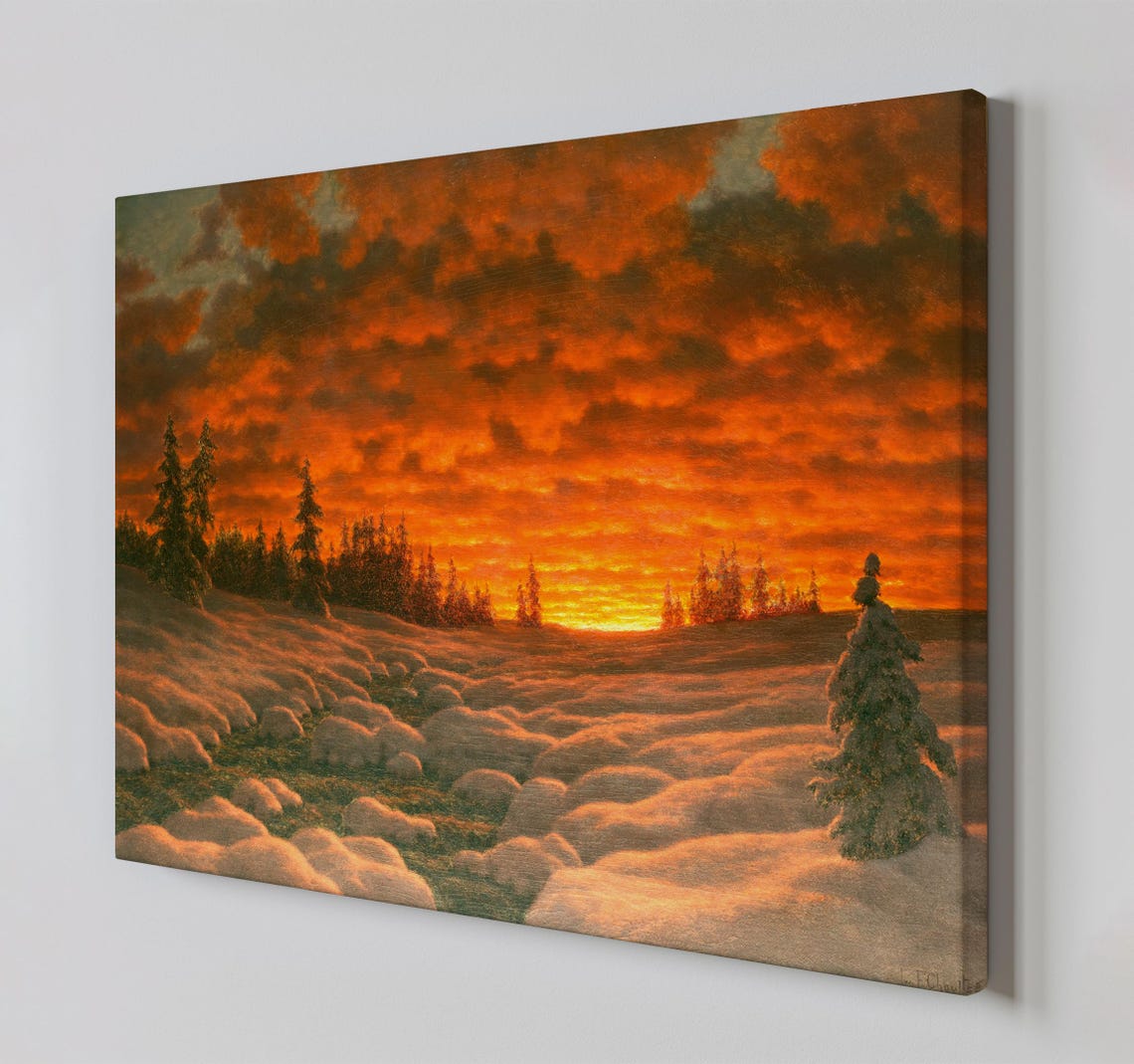 Fiery Winter Sunset Snowy Pine Forest Dramatic Orange Sky Print