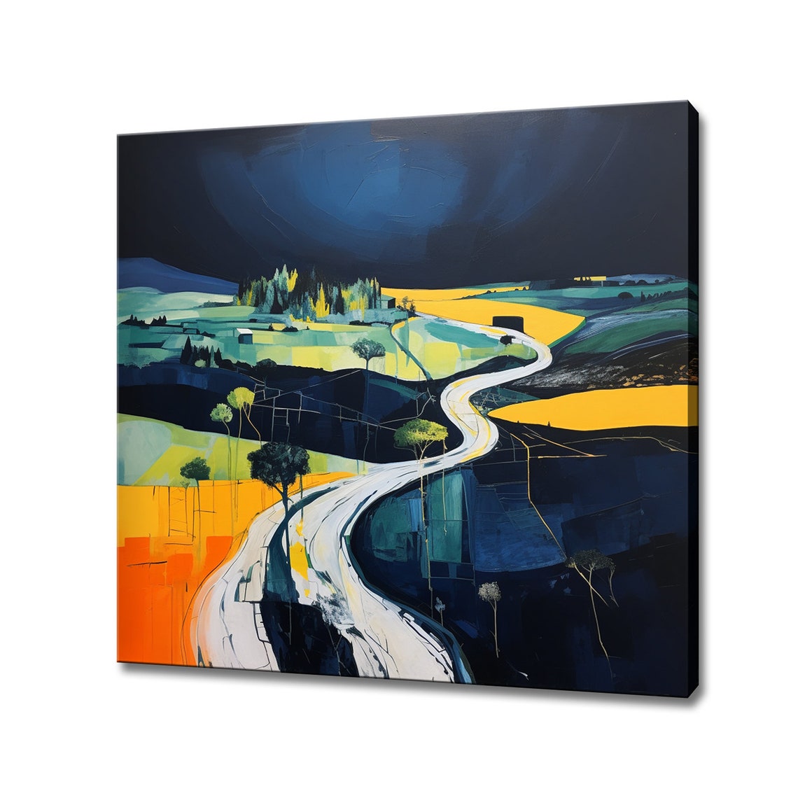 Winding River Night Landscape Abstract Blue Yellow Orange Art Poster