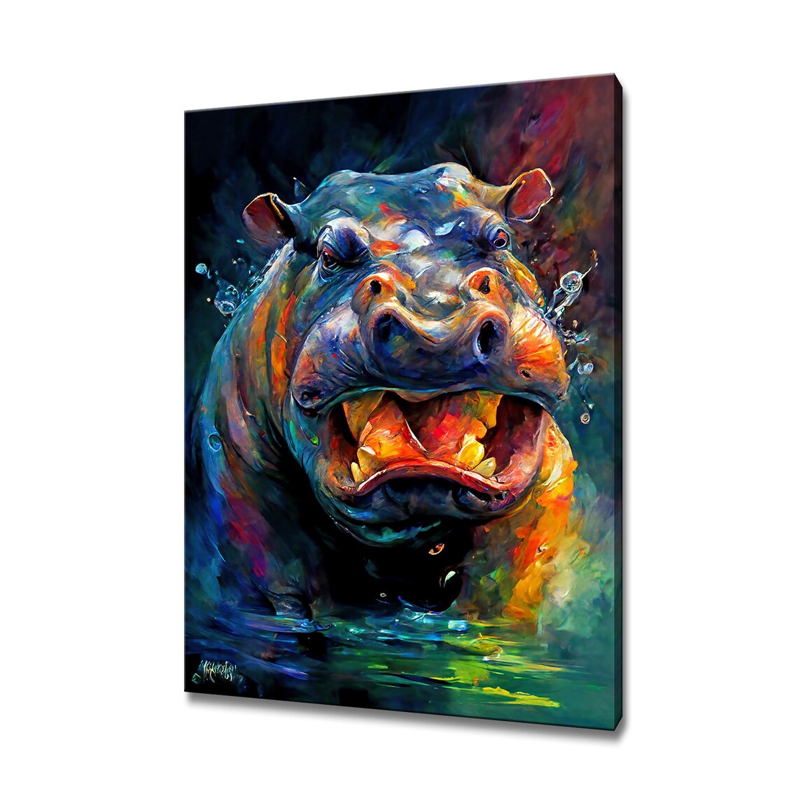 Hippo Emerging Water Open Jaws Colorful Wildlife Oil Painting Wall Art Poster