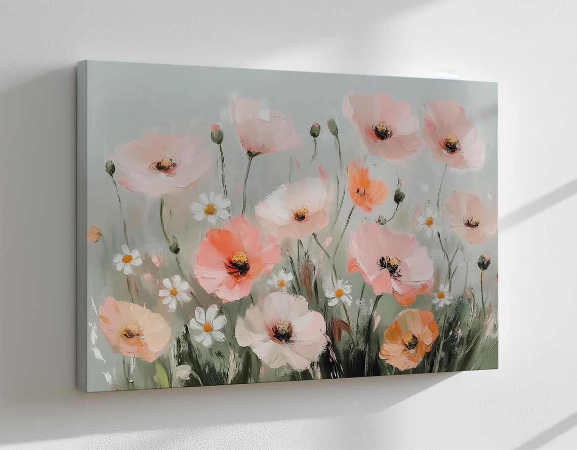 Coral Poppy Field With Daisies Soft Neutral Botanical Painting Print - Image 4
