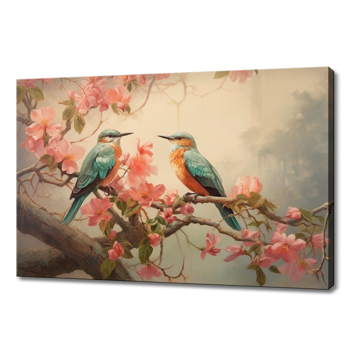 Two Colorful Birds On Pink Blossom Branch Serene Spring Art Poster