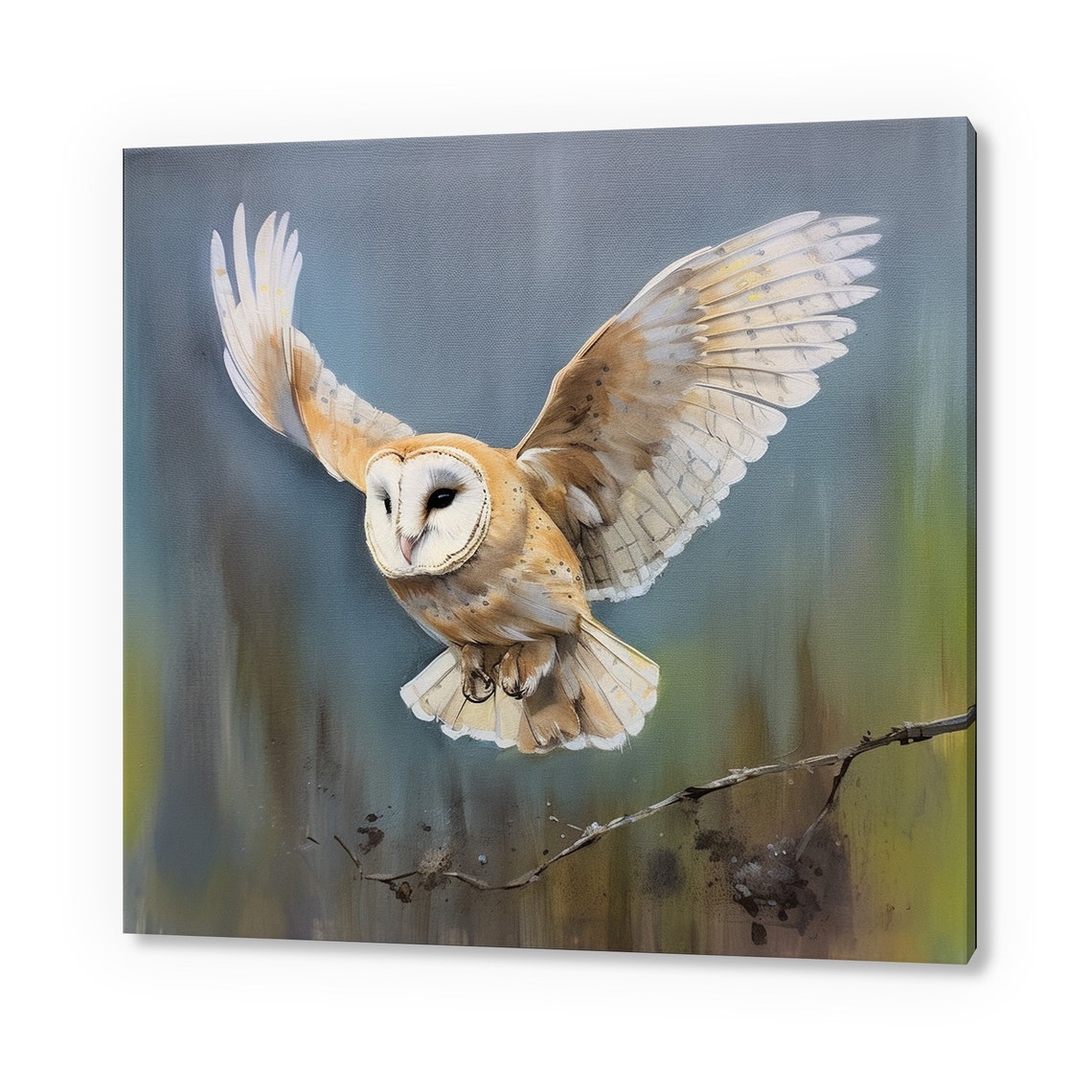 Barn Owl In Flight Spread Wings Blue Gray Oil Painting Bird Poster