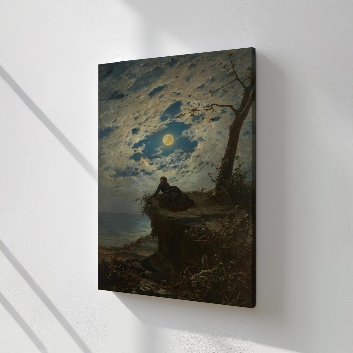 Woman On Cliff Moonlight Over Sea Classic Romantic Melancholy Painting Poster - Image 2