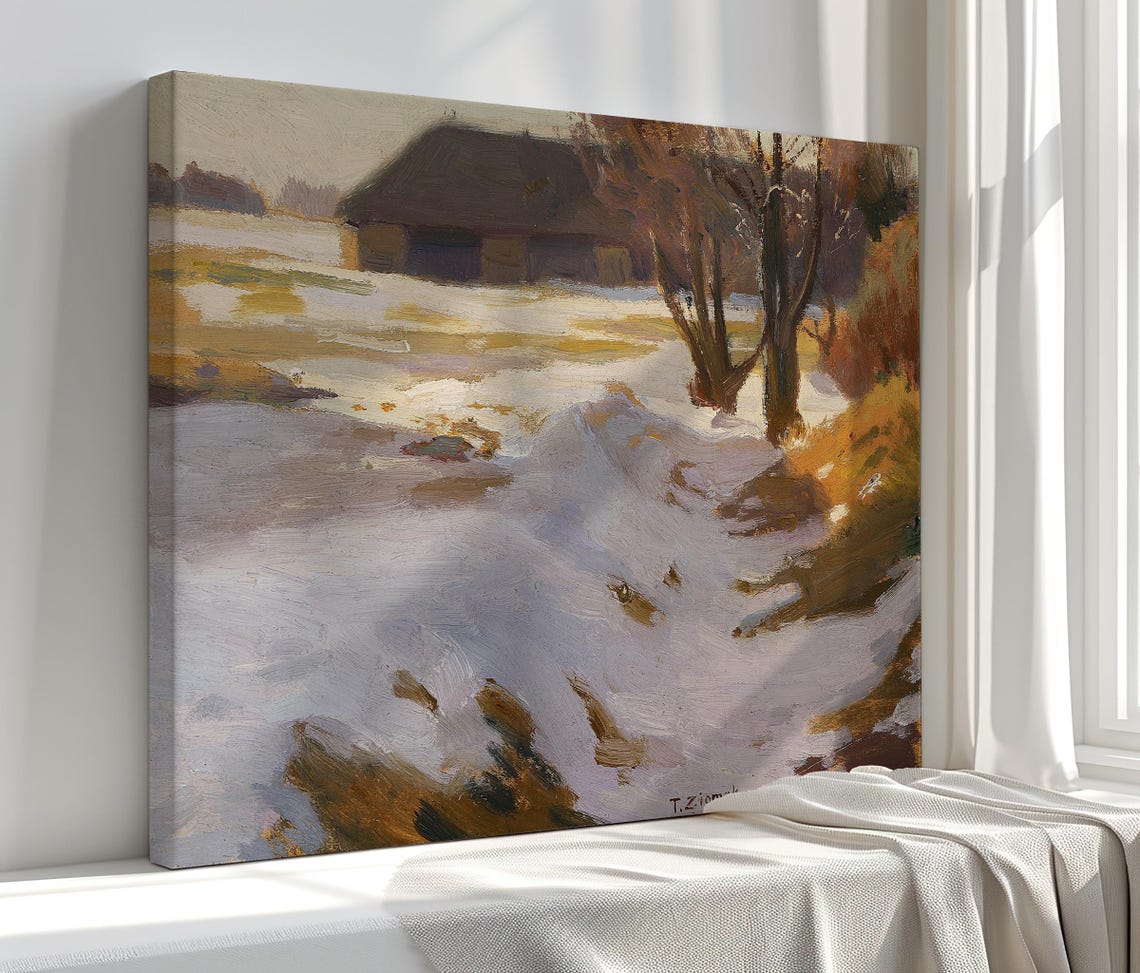 Snowy Countryside Barn Impressionist Melting Snow Rustic Poster