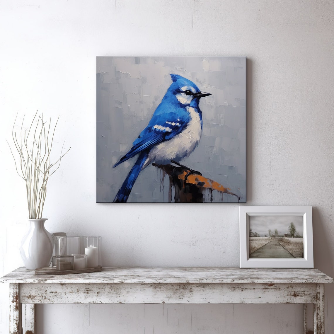 Blue Jay On Branch Oil Painting Square Canvas Bird Art Wall Poster