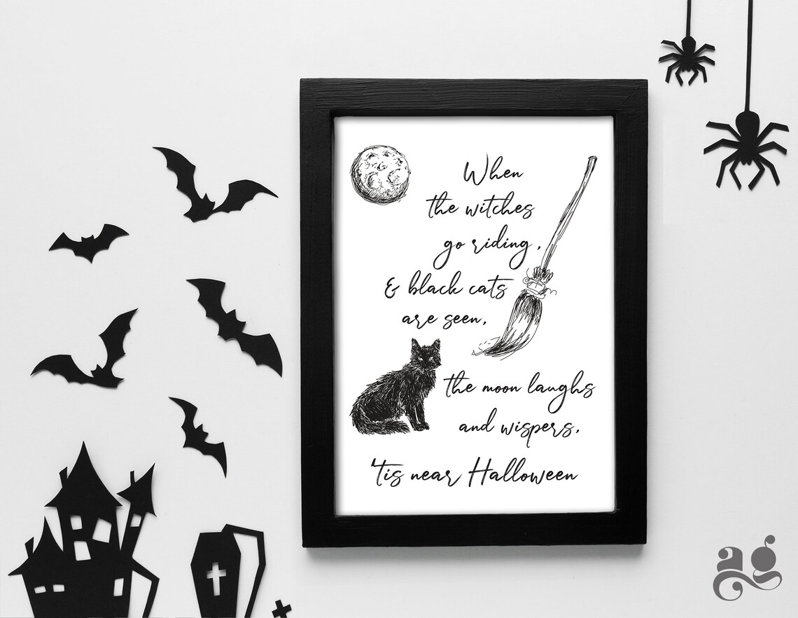 Halloween Witches Quote Poster with Black Cat and Broom, Primitive Decor - Image 3