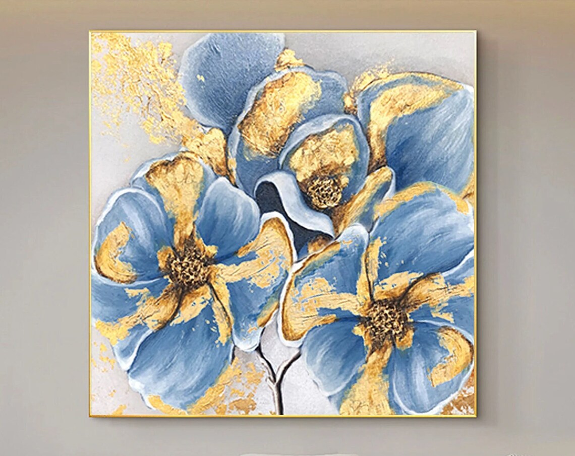 Blue Flowers Gold Foil Accents Square Floral Oil Painting Poster