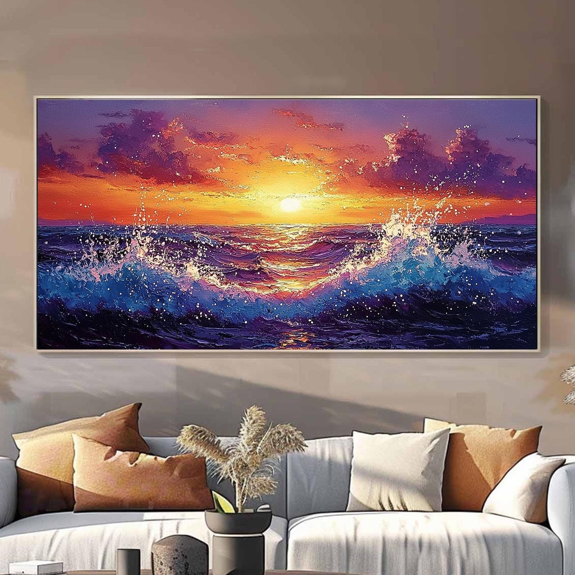 Purple Wave Sunset Seascape with Fiery Orange Sky Oil Poster