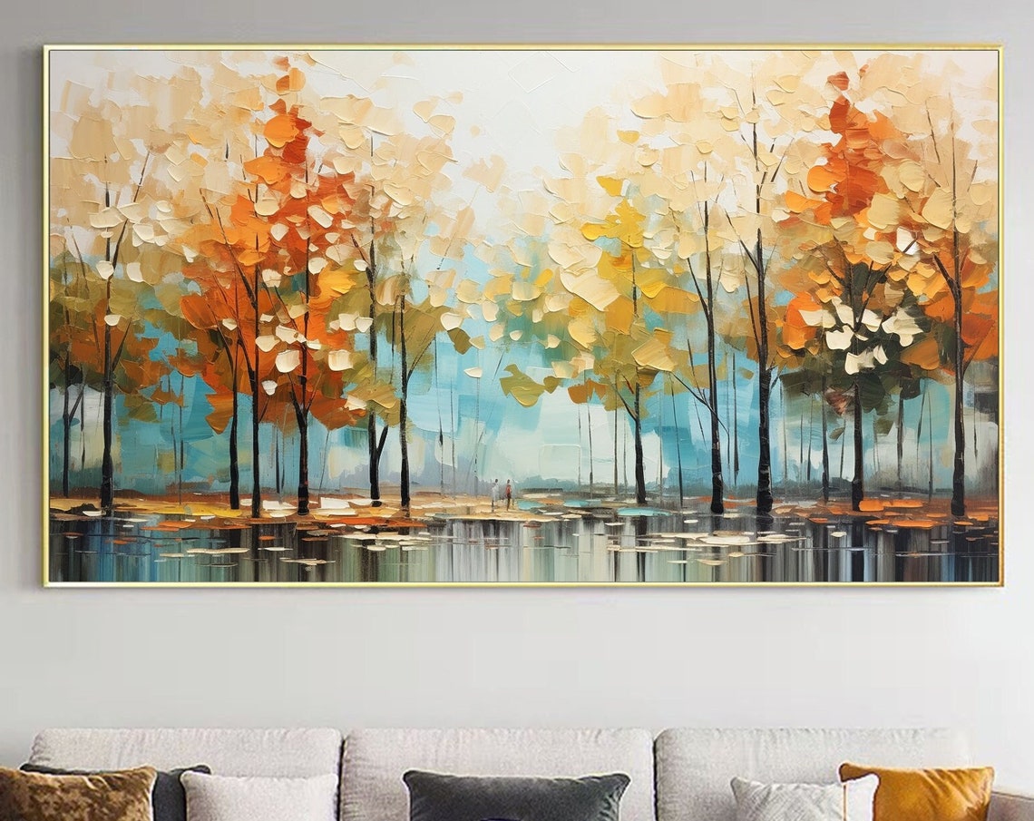 Golden Autumn Forest Trees Reflecting on a Tranquil Blue Lake Poster