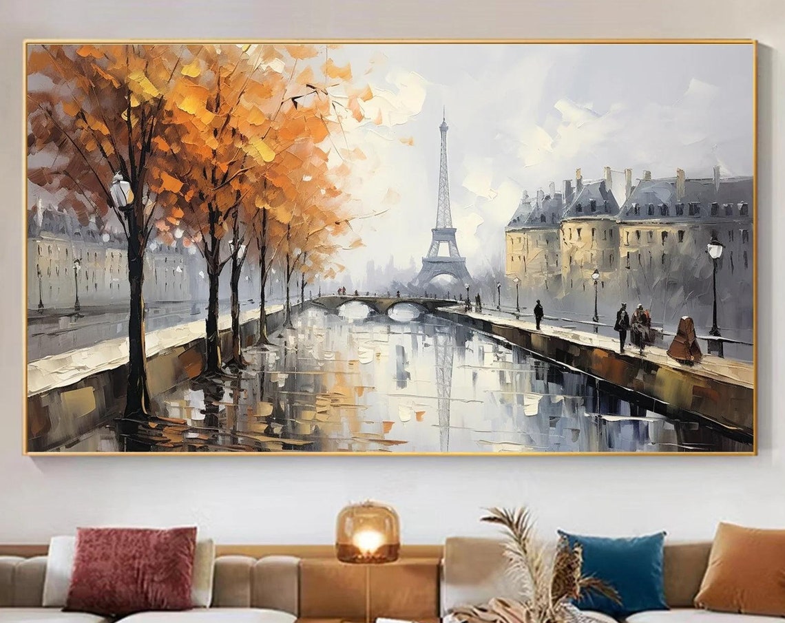 Paris Eiffel Tower Autumn River Scene with Golden Trees Poster