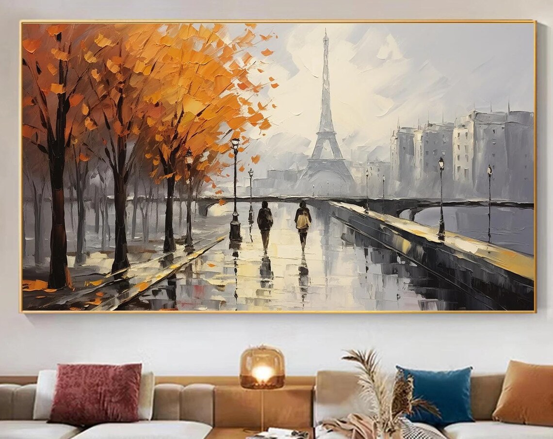 Golden Autumn Paris Street with Eiffel Tower in the Rain Poster