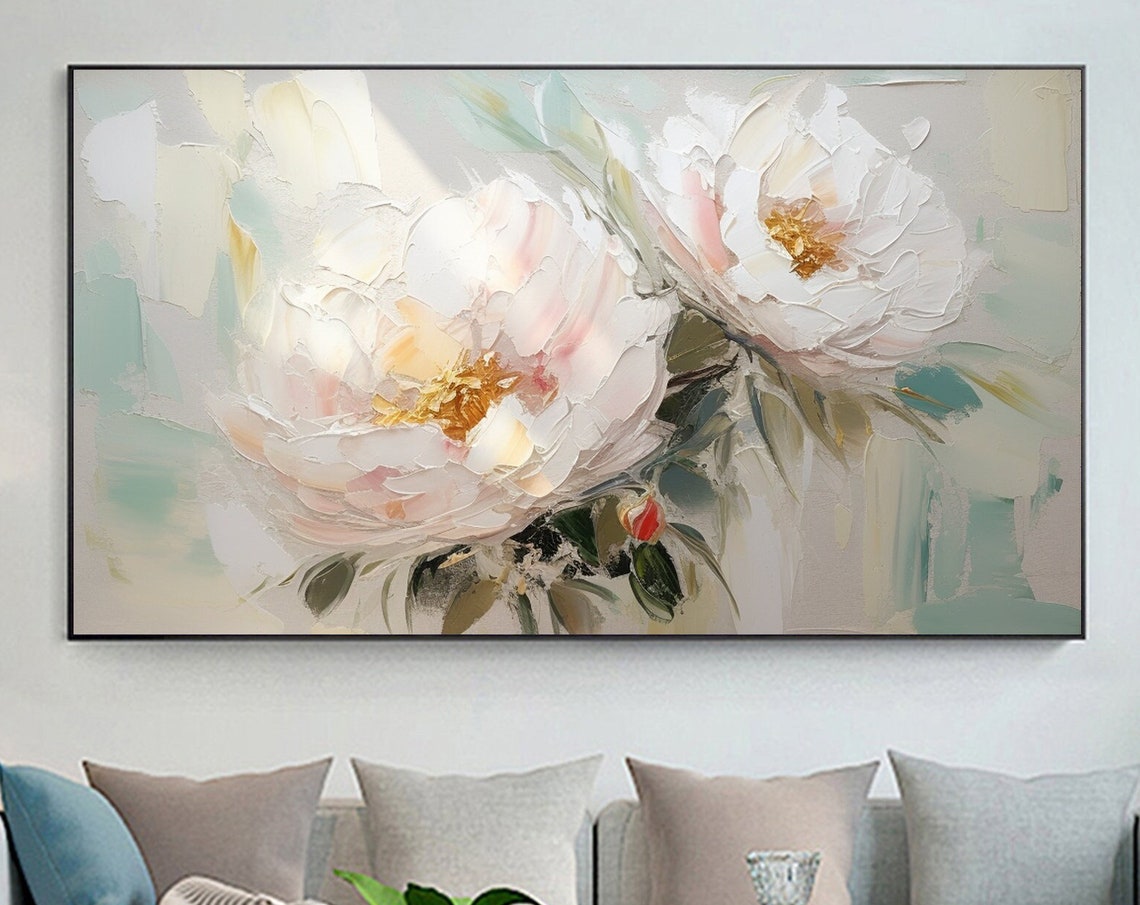 Blush White Peonies Gold Centers Pastel Floral Painting Poster