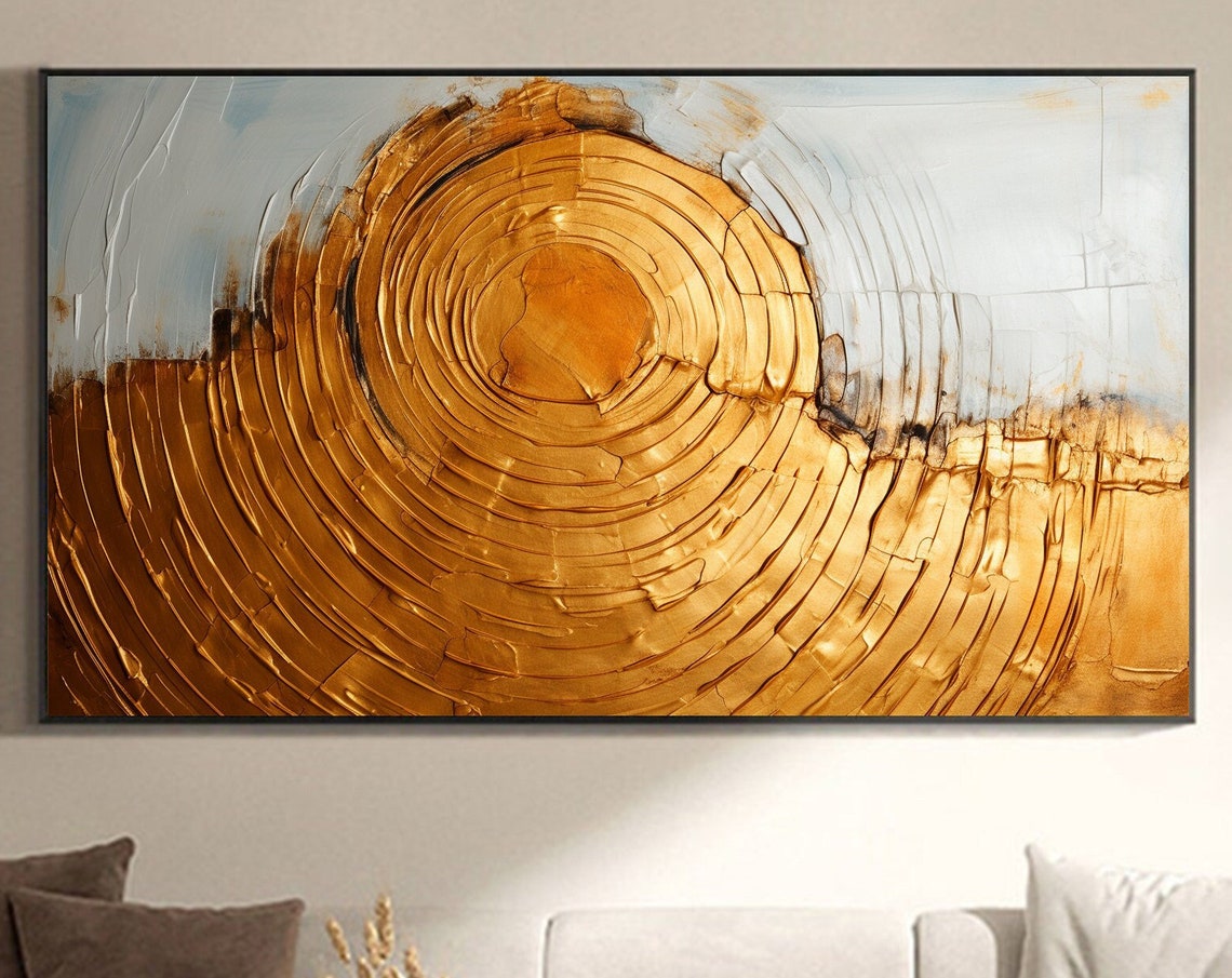 Gold Concentric Circles Spiral White Textured Abstract Painting Poster