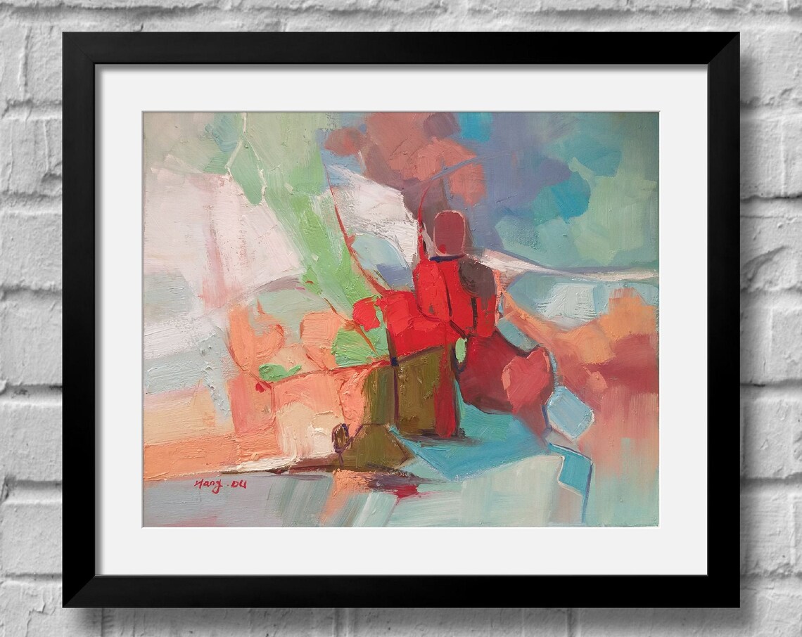 Framed Red Green Pastel Abstract Modern Oil Painting Art Print
