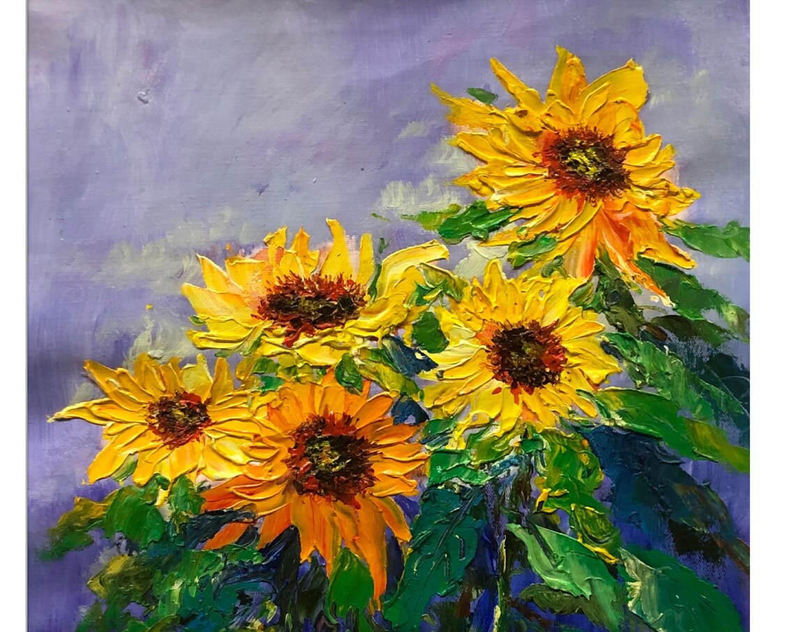 Sunflower Bouquet Lavender Sky Impasto Oil Painting Floral Art Print