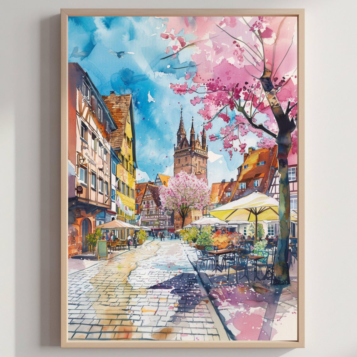 European Old Town Square Church Tower Blossom Watercolor Poster